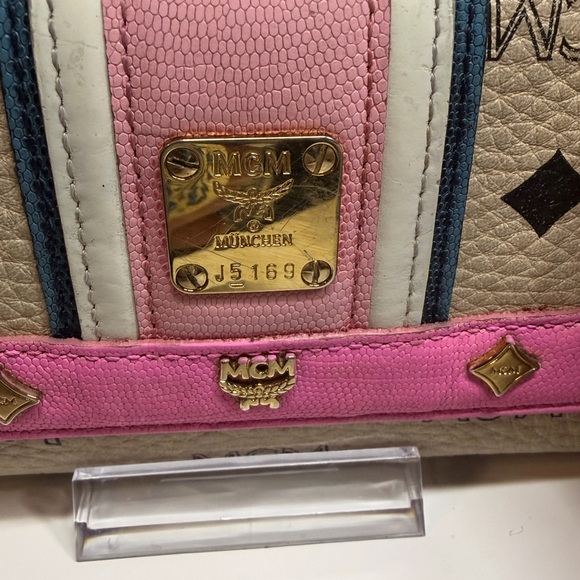 MCM Beige Visetos Wallet with Pink Trim and Navy Stripe - Picture 3 of 6